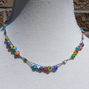 Sterling Silver Millefiori Necklace Multicolour